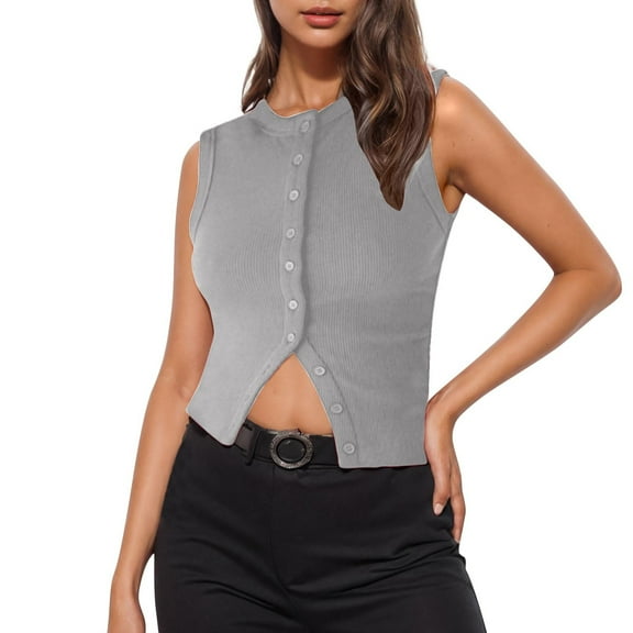 Uaswgudfs Women's Dressy Cotton - Button-Front Sleeveless Vest with Split Hem for Office & Evening Out Waistcoat