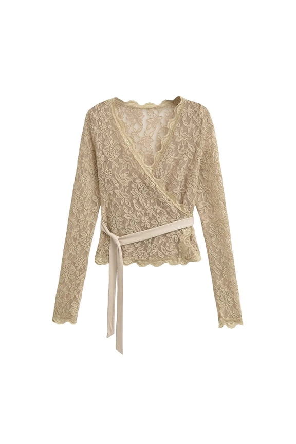 Women's Elegant Blouses Long Sleeve V-Neck with Drawstring Waist Ruffle Hem, Lace Fabric Button-Down Front for Sophisticated Occasions Women Fashion Gold L