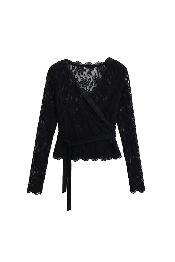 ​Women's Elegant Blouses Long Sleeve V-Neck with Drawstring Waist Ruffle Hem, Lace Fabric Button-Down Front for Sophisticated Occasions Women Fashion Black M