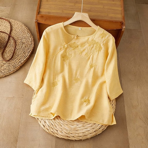 Uaswgudfs Women's Embroidered 7/8 Sleeve Round Neck Pullover Fashionable Casual Blouse Loose Fit Ladies' Fashion Apparel Yellow M