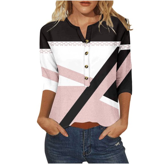 Uaswgudfs Women's Everyday Wear Cotton Blouse - 3/4 Sleeve Henley Color block Pullover Tunic Top with Button V-Neck | Casual Cute Basic Tee 2025
