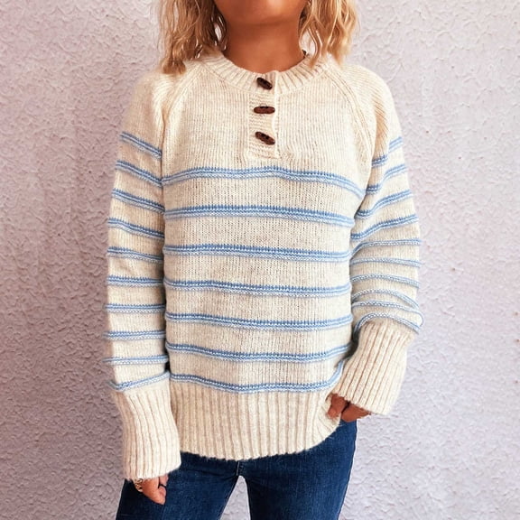 Uaswgudfs Women's Fall/Winter Crew Neck Sweater: Wooden Buttons, Horizontal Stripes & Ribbed Cuffs