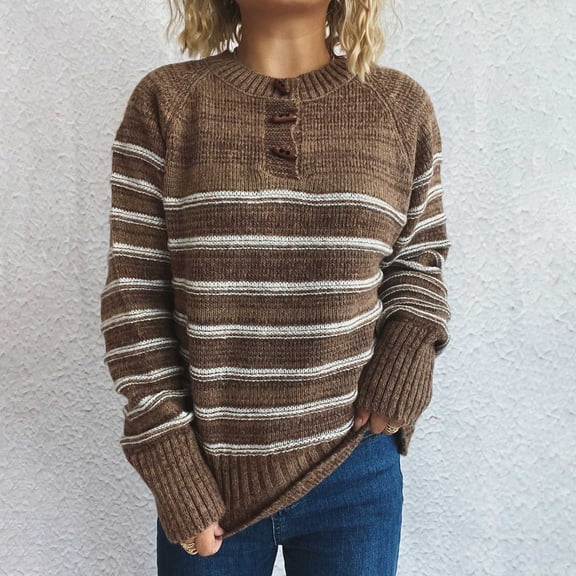 Uaswgudfs Women's Fall/Winter Crew Neck Sweater: Wooden Buttons, Horizontal Stripes & Ribbed Cuffs