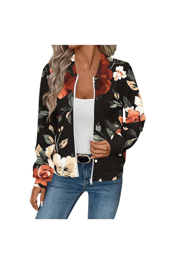 Women's Fall Winter Fashion Casual Floral Printed Waffle Knit Zip Up Long Sleeve Pocketed Jacket/Outerwear for Daily & Outdoor Styling Black M