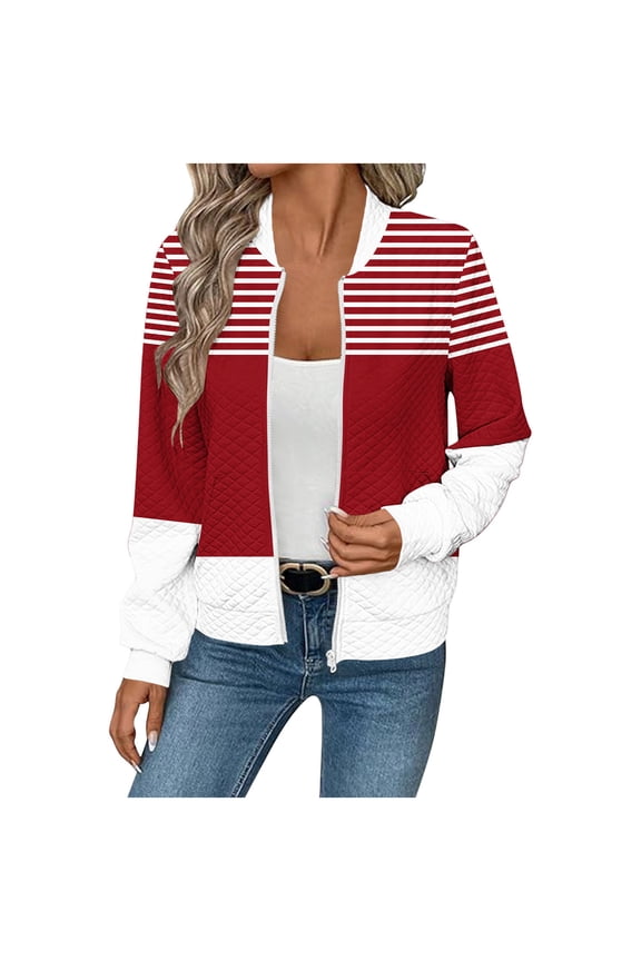 Women's Fall Winter Fashion Casual Striped Printed Waffle Knit Zip Up Long Sleeve Pocketed Jacket/Outerwear for Daily & Outdoor Styling Red XL