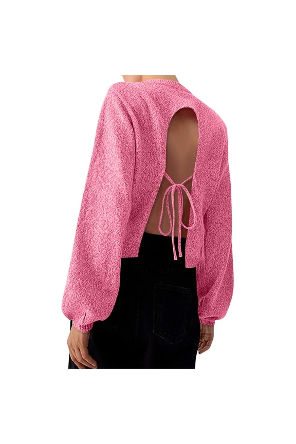 ​Women's Fall/Winter Knit Sweater: Open Back Tie Detail, Cropped Length & Relaxed Fit
