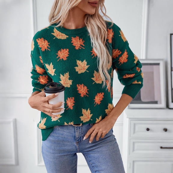 Uaswgudfs Women's Fall/Winter Oversized Knit Sweater: Ribbed Cuffs & Maple Leaf Pattern, Cozy Casual Wear