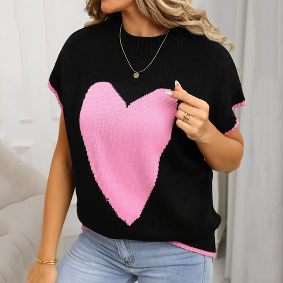 Uaswgudfs Women's Fall/Winter Textured Knit Sweater: Ribbed Trims, Contrast Heart Pattern, Short Sleeve Versatility