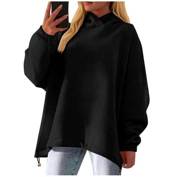 Uaswgudfs Women's Fashion Hoodie Long Sleeve Oversized Pullover – Drawstring Hem Casual Daily Wear Ladies Trendy Relaxed Fit Sweatshirt Black 2XL