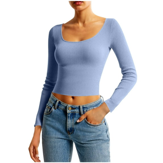 Uaswgudfs Women's Fashion Long Sleeve Square Neck Cropped Knit Top, Ribbed Acrylic Slim Fit Pullover, Trendy Casual Crop Sweater for Women Blue L