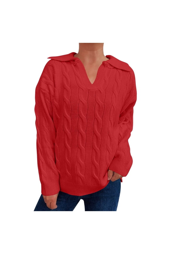 Women's Fashion Long Sleeve V-Neck Cable Knit Pullover, Collared Polyester Knit Sweater, Trendy Casual Top for Women – Walmart Popular Stylish Essential Red S