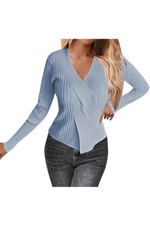 Women's Fashion V-Neck Solid Color Long Sleeve Asymmetric Cross Knit Sweater, Acrylic Knit Slim-Fit Casual Top for Women – Walmart Trendy Stylish Wardrobe Must-Have Blue XL
