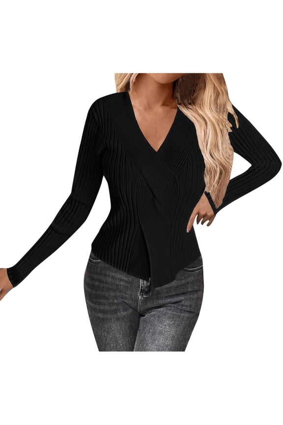 Women's Fashion V-Neck Solid Color Long Sleeve Asymmetric Cross Knit Sweater, Acrylic Knit Slim-Fit Casual Top for Women – Walmart Trendy Stylish Wardrobe Must-Have Black S