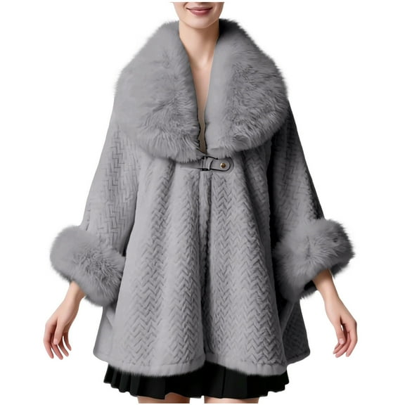Uaswgudfs Women's Faux Fur Collar Poncho Coat, Wool-Blend Oversized Cape, Warm Thickened Mid-Length Loose Cardigan for Winter, Plus Size & Daily Wear Gray Free Size
