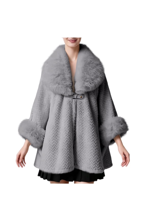 Women's Faux Fur Collar Poncho Coat, Wool-Blend Oversized Cape, Warm Thickened Mid-Length Loose Cardigan for Winter, Plus Size & Daily Wear Gray Free Size