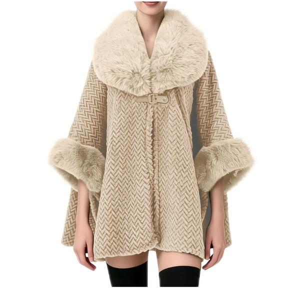 Uaswgudfs Women's Faux Fur Collar Poncho Coat, Wool-Blend Oversized Cape, Warm Thickened Mid-Length Loose Cardigan for Winter, Plus Size & Daily Wear Khaki Free Size
