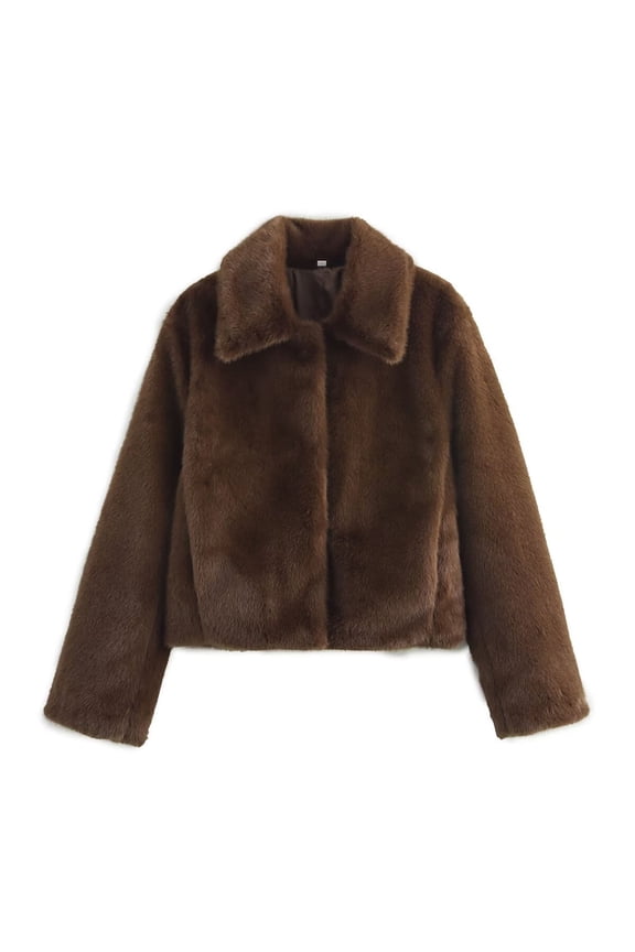 Women's Faux Fur Jacket Lapel Long Sleeve Loose Fit Fall Casual Outerwear Brown L
