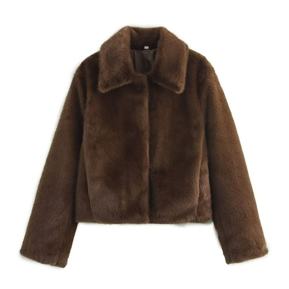 Uaswgudfs Women's Faux Fur Jacket Lapel Long Sleeve Loose Fit Fall Casual Outerwear Brown S