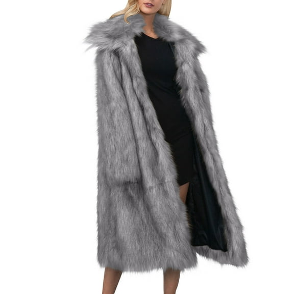 Uaswgudfs Women's Faux Fur Long Coat, Winter Warm Solid Color Luxury Fashion Outerwear - Stylish Jacket Gray L