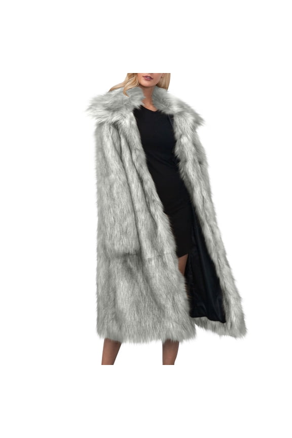 Women's Faux Fur Long Coat, Winter Warm Solid Color Luxury Fashion Outerwear - Stylish Jacket Silver 4XL