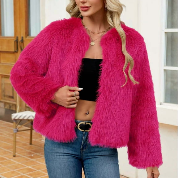 Uaswgudfs ​Women's Faux Fur Plush Fleece Jacket Open Front Coat: Long Sleeve Warm Fleece Short Jacket for Casual Outdoor Wear​