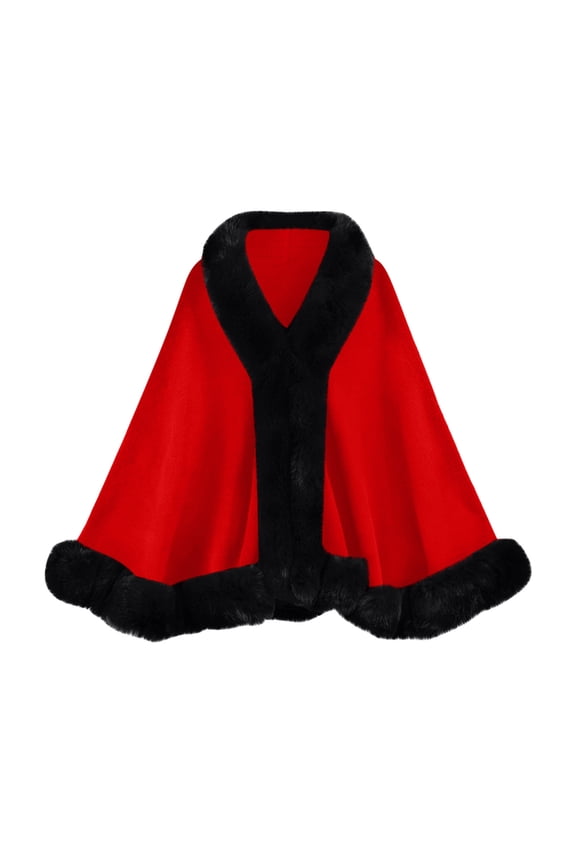 Women's Faux Fur Trimmed Cape Poncho, Plus Size Knit Cardigan, Sleeveless Casual Jacket for Winter, Daily & Party Fashion Wear Red Free Size