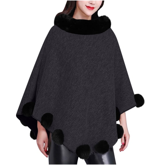 Uaswgudfs Women's Faux Fur Trimmed Poncho Scarf, Mid-Length Sleeveless Pom Pom Coat, Wool-Blend Warm Outerwear for Winter, Daily & Party Casual Wear Black Free Size