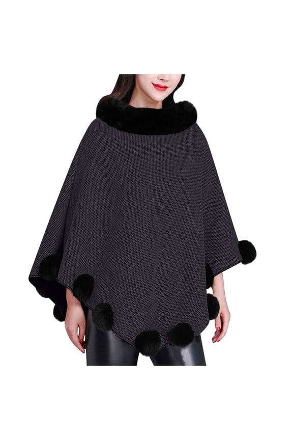 Women's Faux Fur Trimmed Poncho Scarf, Mid-Length Sleeveless Pom Pom Coat, Wool-Blend Warm Outerwear for Winter, Daily & Party Casual Wear Black Free Size