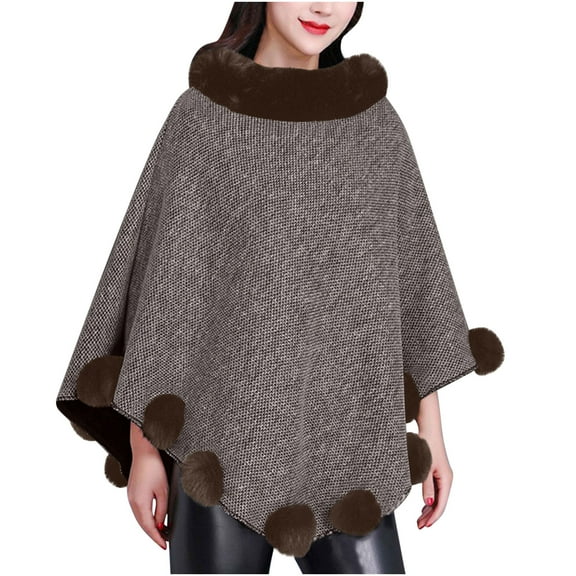 Uaswgudfs Women's Faux Fur Trimmed Poncho Scarf, Mid-Length Sleeveless Pom Pom Coat, Wool-Blend Warm Outerwear for Winter, Daily & Party Casual Wear Khaki Free Size