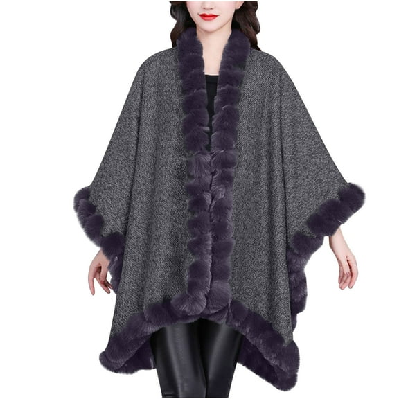 Uaswgudfs Women's Faux Fur Trimmed Wool-Blend Poncho Scarf, Long Sleeve Casual Jacket, Winter Warm Outerwear for Daily, Party & Cold Weather Wear Purple Free Size