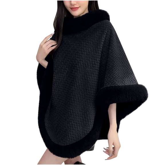 Uaswgudfs Women's Faux Fur Trimmed Wool-Blend Poncho Scarf, Mid-Length Sleeveless Warm Outerwear, Casual Winter Jacket for Daily, Party Black Free Size
