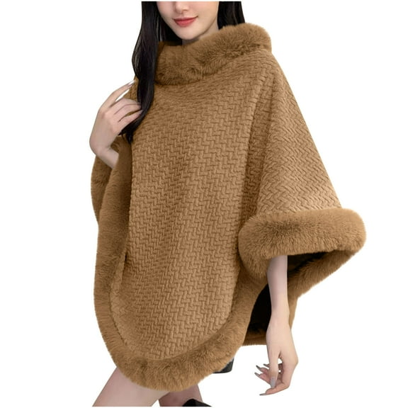 Uaswgudfs Women's Faux Fur Trimmed Wool-Blend Poncho Scarf, Mid-Length Sleeveless Warm Outerwear, Casual Winter Jacket for Daily, Party Brown Free Size