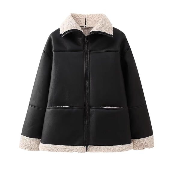 Uaswgudfs Women's Faux Leather Shearling Jacket Lapel Zipper Pockets Long Sleeve Casual Outerwear Black L
