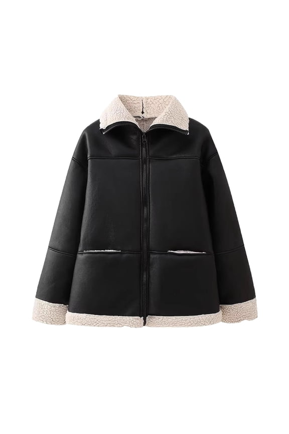 Women's Faux Leather Shearling Jacket Lapel Zipper Pockets Long Sleeve Casual Outerwear Black M