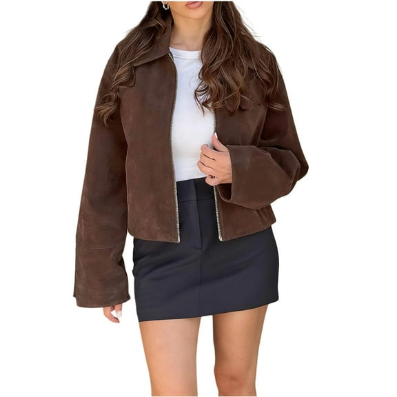 Uaswgudfs Women's Faux Suede Collared Jacket, Fall Winter Loose Casual Long Sleeve Outerwear, Trendy Cropped Jacket for Women, Versatile Daily & Retro Style Wear Brown L