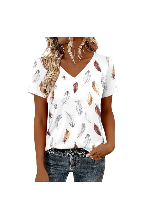 Women's Feather Print V Neck Short Sleeve Tops Casual Summer Blouses Fashion T Shirts for Daily & Casual Outings White 2XL