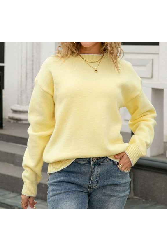 ​Women's Fine Knit Crew Neck Sweater: Ribbed Trim & Minimalist Design for Autumn/Winter