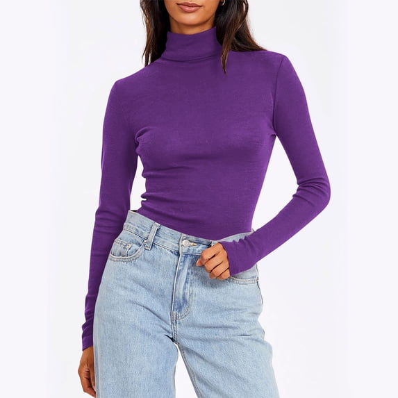 Uaswgudfs Women's Fitted Turtleneck Long Sleeve Top Solid Color Stretchy Knit Shirt Casual Basics Purple M