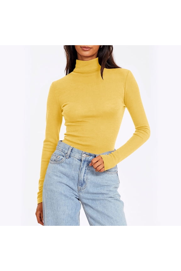 Women's Fitted Turtleneck Long Sleeve Top Solid Color Stretchy Knit Shirt Casual Basics Yellow L