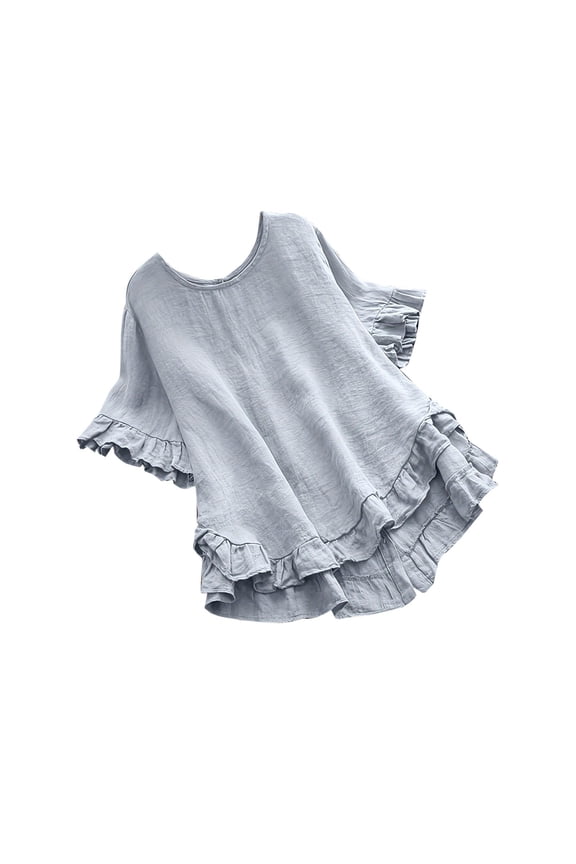 Women's Flax Linen Lace Blouse Boho Floral Ruffle Sleeve A-Line Top for Summer