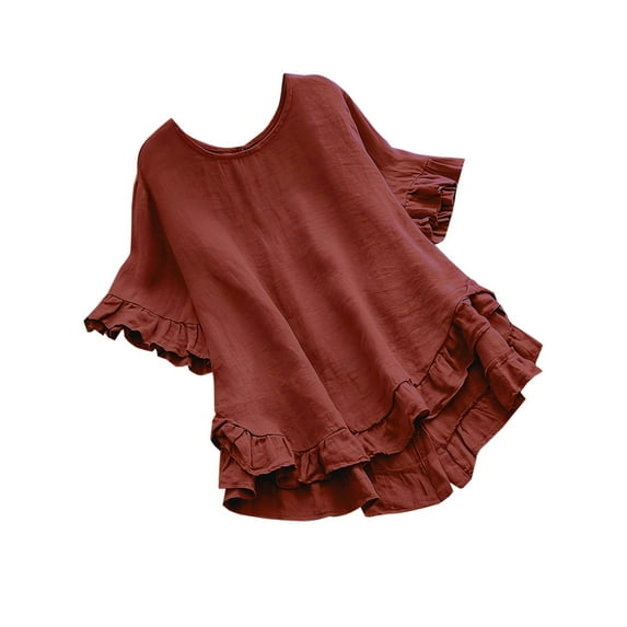 Uaswgudfs Women's Flax Linen Lace Blouse Boho Floral Ruffle Sleeve A-Line Top for Summer