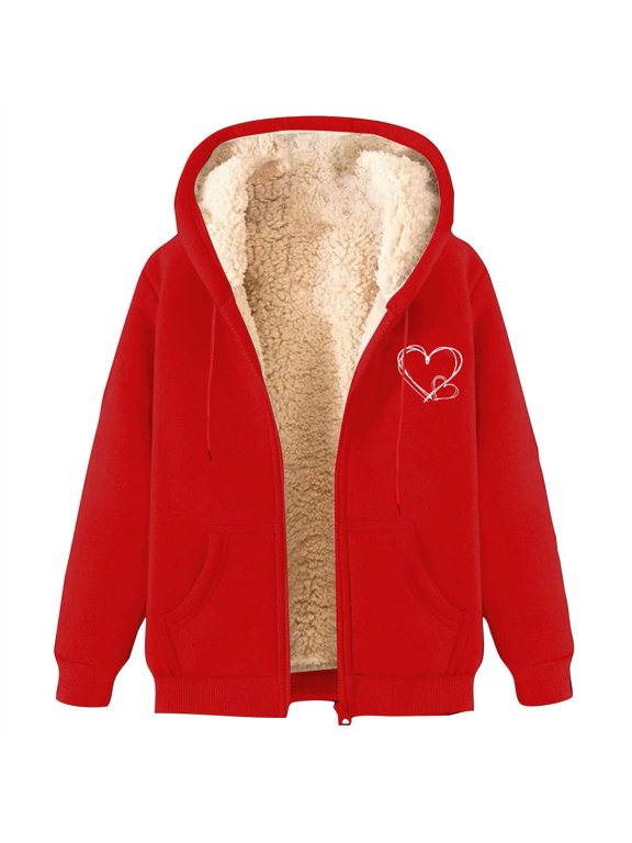 Uaswgudfs Women's Fleece-Lined Fall/Winter Hooded Jacket: Zip Closure w/ Heart Print & Functional Pockets