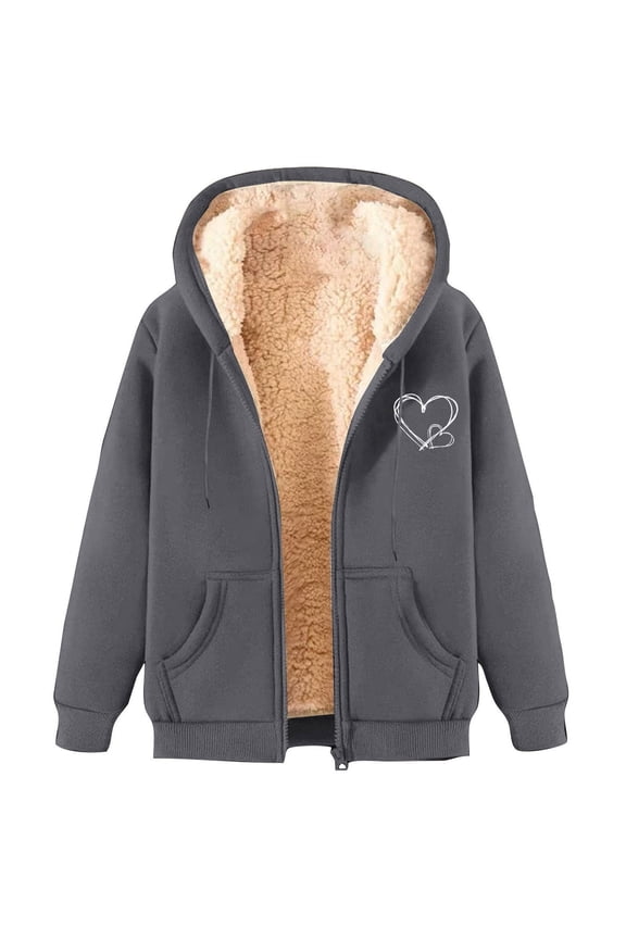 Uaswgudfs Women's Fleece-Lined Fall/Winter Hooded Jacket: Zip Closure w/ Heart Print & Functional Pockets