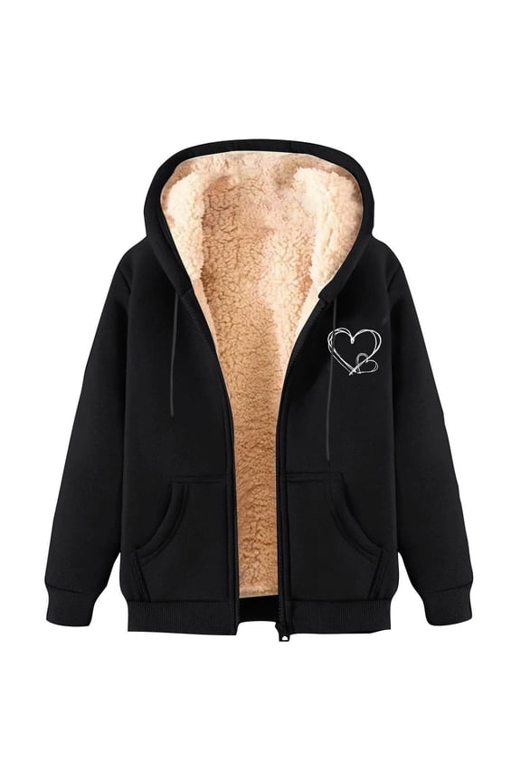 Uaswgudfs ​Women's Fleece-Lined Fall/Winter Hooded Jacket: Zip Closure w/ Heart Print & Functional Pockets​