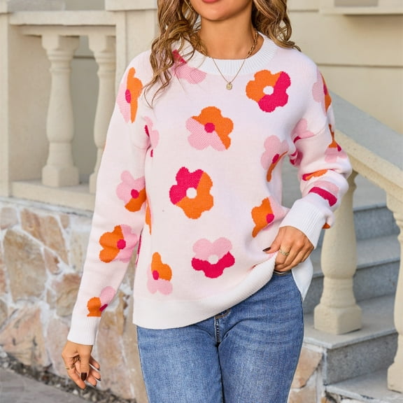 Uaswgudfs Women's Floral Knit Sweater: Round Neck & Long Sleeves, Cozy Relaxed Fit for Autumn/Winter​