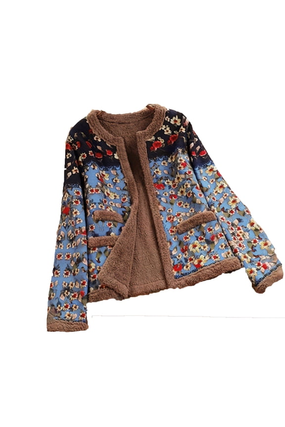 Women's Floral Print Fleece Cardigan, Lapel Button-Front Long Sleeve Casual Jacket with Pockets - Trendy Outerwear L