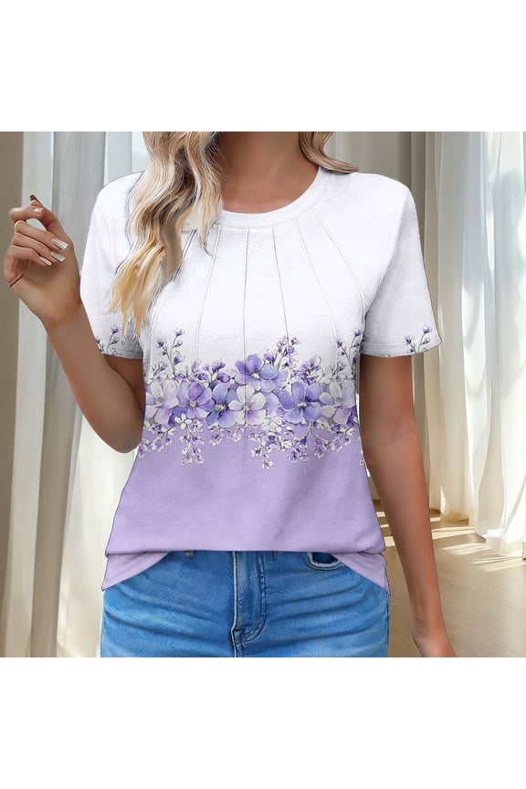 Women's Floral Print Round Neck Casual Short Sleeve Top Pleated Design Summer Purple L
