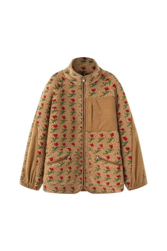 Women's Floral Sherpa Jacket, Winter Warm Fleece Outerwear with Zipper Pockets, Trendy Printed Teddy Coat for Women, Casual Fall & Winter Pullover Sweatshirt Jacket Khaki M