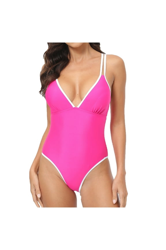 Women's Form-Fitting One-Piece Swimsuit with Deep V-Neckline and Delicate Spaghetti Straps, Smooth Stretch Fabric for Active Swim Hot Pink L