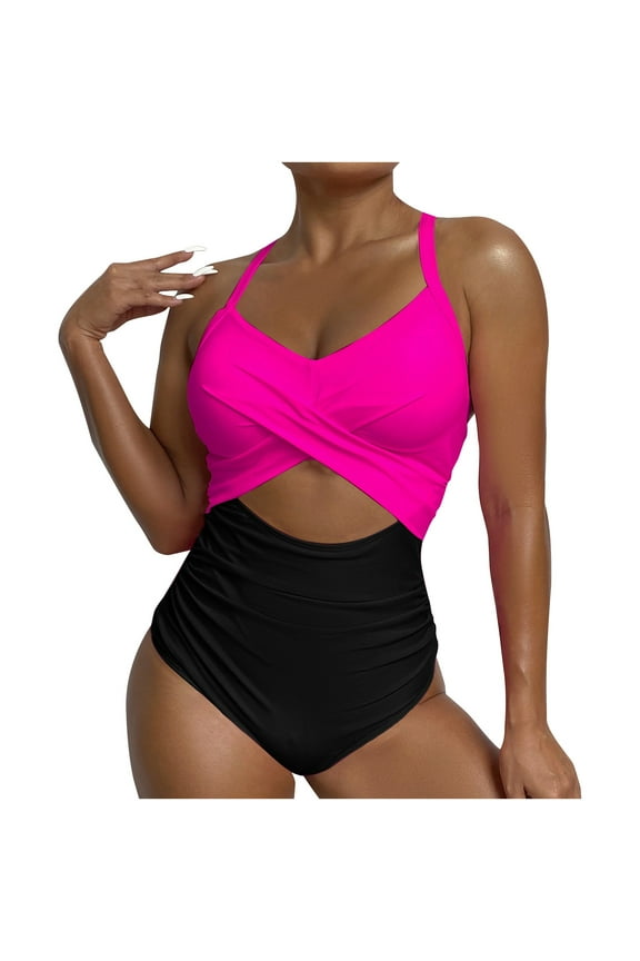 Women's Form-Fitting One-Piece Swimsuit with Criss-Cross Midriff Cutout and Ruched High-Waist Bottom - Streamlined Design